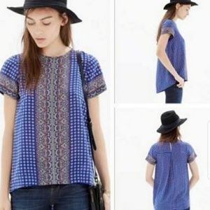 Madewell 100% Silk blue geometric print top hi-lo